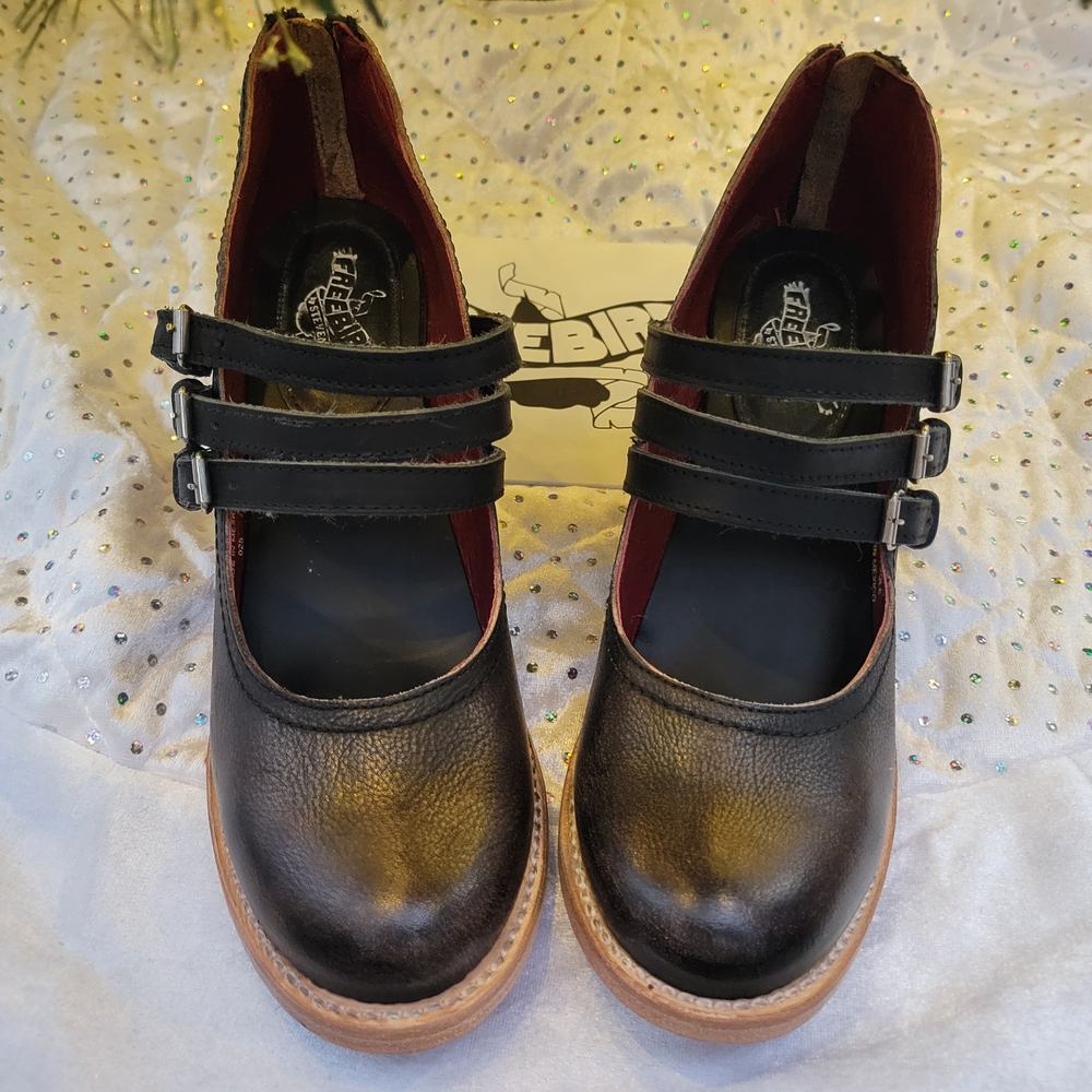 Freebird by Steven Triple Strap Black Leather Heels